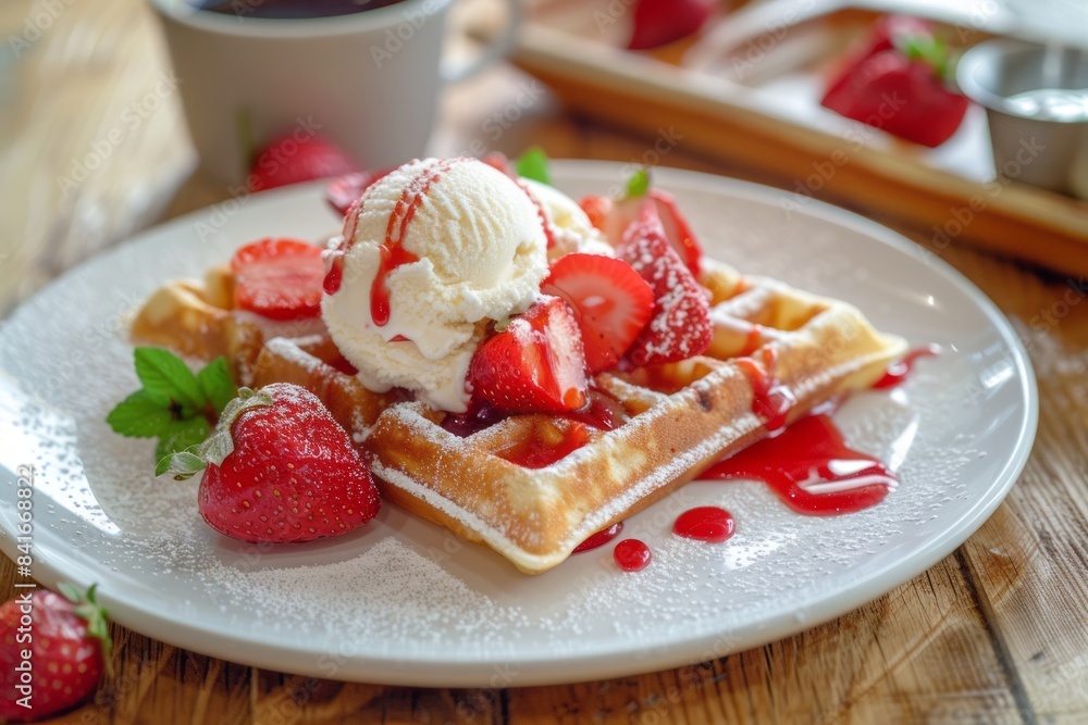 cream with strawberries, Indulging in Delight: The Perfect Marriage of Waffles and Cream, generative ai cream with strawberries, Indulging in Delight: The Perfect Marriage of Waffles and Cream, generative ai
