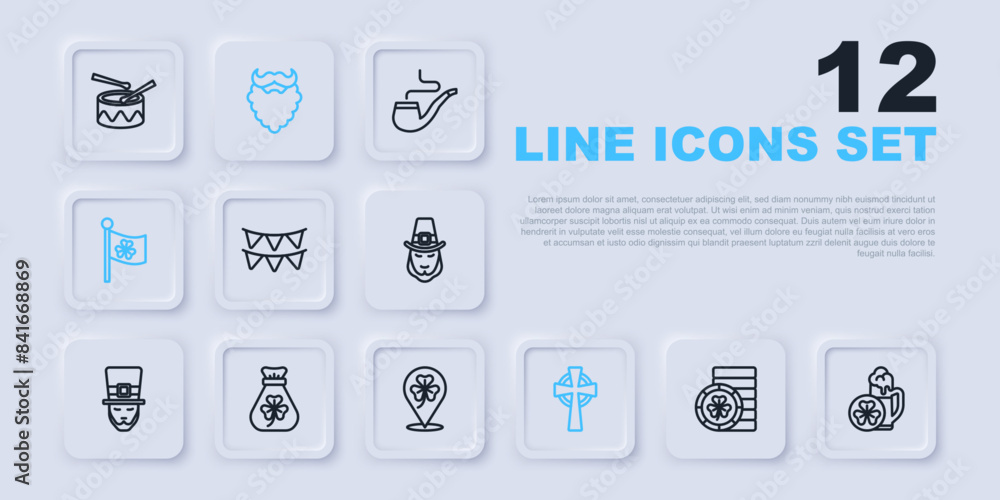Set line Golden leprechaun coin, Glass of beer, Carnival garland with flags, Celtic cross, Ireland clover, Money bag, Mustache beard and Clover trefoil leaf icon. Vector Set line Golden leprechaun coin, Glass of beer, Carnival garland with flags, Celtic cross, Ireland clover, Money bag, Mustache beard and Clover trefoil leaf icon. Vector