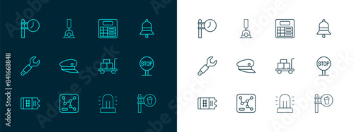 Set line Train station bell, Railway map, Trolley suitcase, Flasher siren, driver hat, board, clock and Arrow for switching the railway icon. Vector