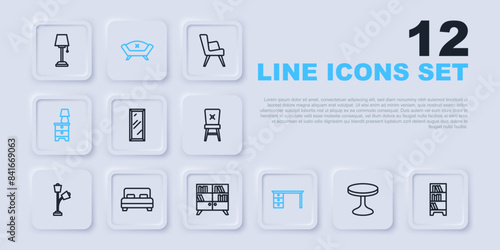 Set line Round table, Library bookshelf, Big full length mirror, Office desk, Furniture nightstand with lamp, bed, Sofa and icon. Vector
