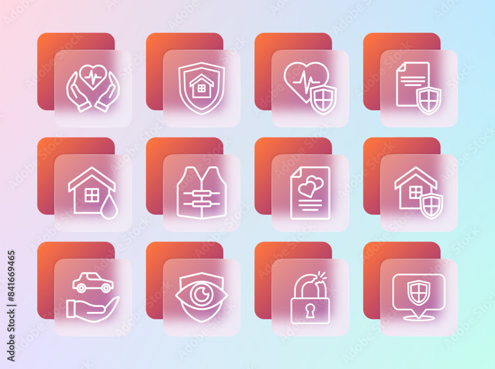 Set line Contract with shield, Shield and eye, Marriage contract, Broken or cracked lock, Life jacket, insurance, and House icon. Vector Set line Contract with shield, Shield and eye, Marriage contract, Broken or cracked lock, Life jacket, insurance, and House icon. Vector