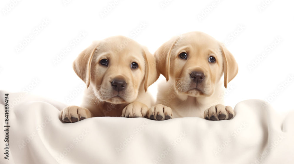 Two adorable Labrador puppies sitting side by side on a soft blanket, looking up with curious expressions, against a plain white background Two adorable Labrador puppies sitting side by side on a soft blanket, looking up with curious expressions, against a plain white background