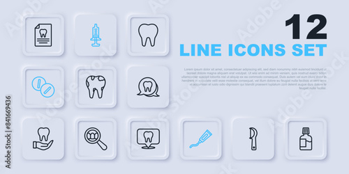Set line Dental floss, Mouthwash, Broken tooth, Tube of toothpaste, Toothache painkiller tablet, search, Syringe and clinic location icon. Vector