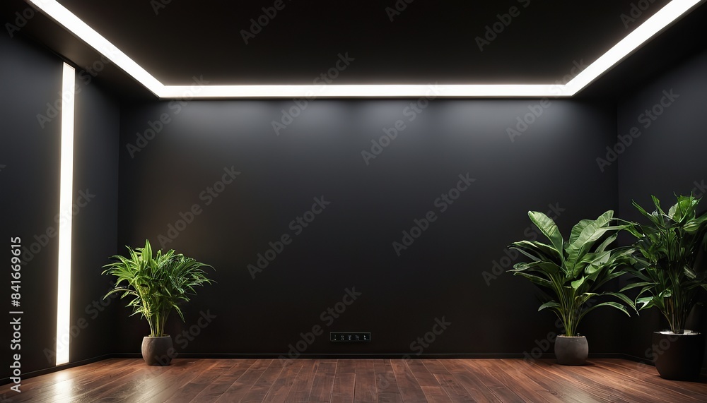 © soyibakter - a dark room with plants and a black background wall mockup © soyibakter - a dark room with plants and a black background wall mockup