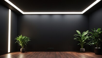 a dark room with plants and a black background wall mockup