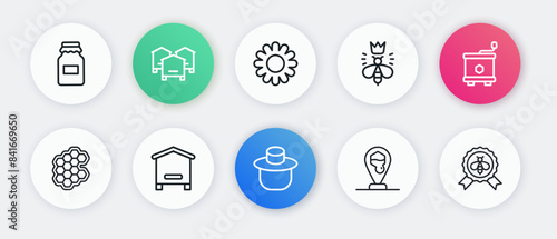 Set line Beekeeper with protect hat, Honey extractor, Honeycomb, bee location, Queen, Flower, Best and Hive for bees icon. Vector