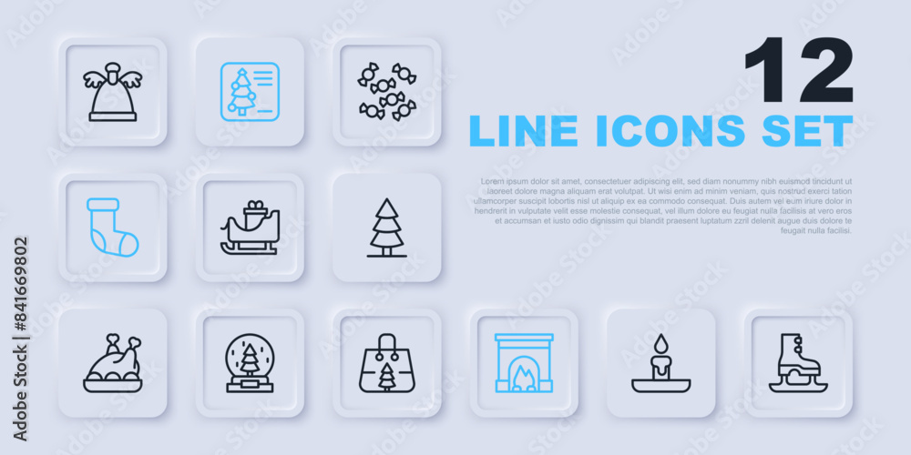 Set line Burning candle, Skates, Christmas santa claus sleigh, Interior fireplace, stocking, snow globe, postcard and shopping bag icon. Vector Set line Burning candle, Skates, Christmas santa claus sleigh, Interior fireplace, stocking, snow globe, postcard and shopping bag icon. Vector