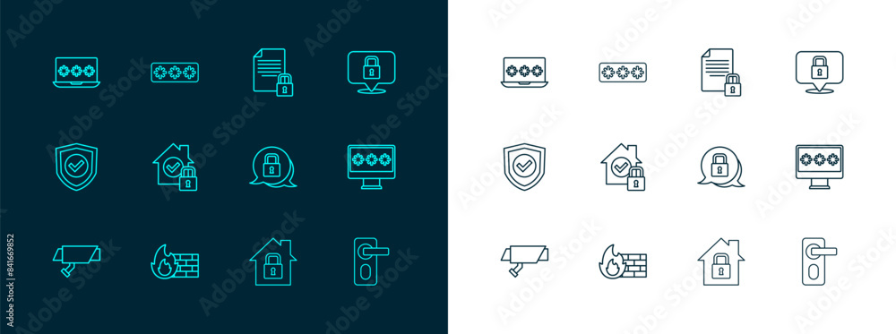 Set line Lock, Firewall, security wall, House under protection, Document and lock, Laptop with password and Password icon. Vector Set line Lock, Firewall, security wall, House under protection, Document and lock, Laptop with password and Password icon. Vector