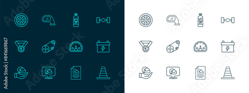 Set line Chassis car, Racing helmet, Speedometer, Timing belt kit, Nitrous oxide, Alloy wheel for and Car mirror icon. Vector
