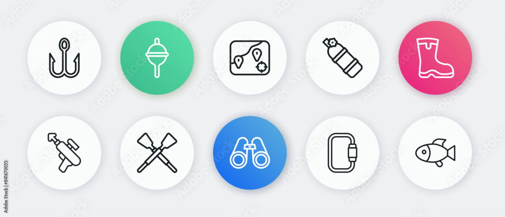 Set line Binoculars, Fishing boots, harpoon, Carabiner, Aqualung, Location fishing, and Crossed oars or paddles boat icon. Vector Set line Binoculars, Fishing boots, harpoon, Carabiner, Aqualung, Location fishing, and Crossed oars or paddles boat icon. Vector