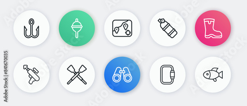 Set line Binoculars, Fishing boots, harpoon, Carabiner, Aqualung, Location fishing, and Crossed oars or paddles boat icon. Vector