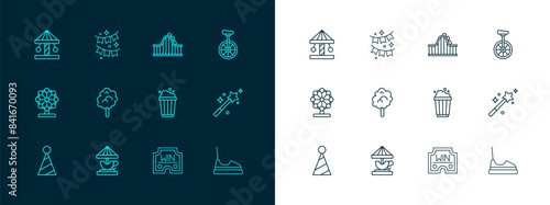Set line Unicycle, Attraction carousel, Popcorn in cardboard box, Casino win, Cotton candy, Roller coaster, and Carnival garland with flags icon. Vector