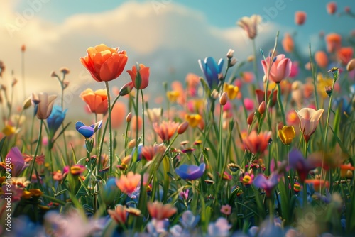Realistic 3D Illustration of a Vibrant Flower-Filled Meadow with Dynamic Colorful Blooms