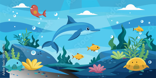 Underwater scene with a dolphin swimming among colorful fish and corals, representing marine biodiversity and conservation.