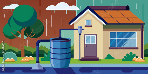 House collecting rainwater into a storage tank during a rainy day, showcasing an eco-friendly water conservation method.