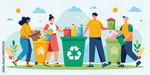 A diverse group of people sorting recyclable materials into different bins, promoting recycling and environmental awareness.