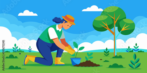 Woman planting a tree sapling in a field, promoting environmental conservation and green living.