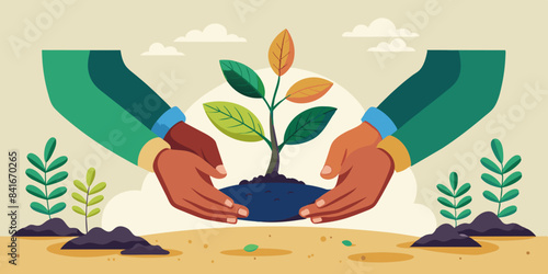 Two hands holding and planting a young tree together, symbolizing unity and collaborative environmental efforts.
