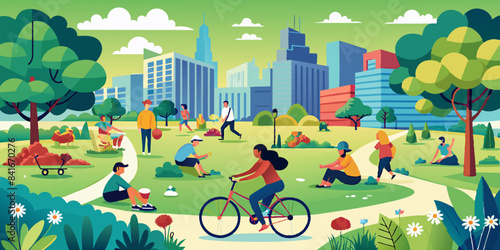 A lively city park with people enjoying various activities, including biking, reading, and picnicking, with a cityscape in the background.