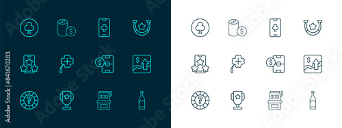 Set line Horseshoe, Casino poker trophy cup, Football betting money, Slot machine, slot with clover, Online table game, Playing card clubs symbol and chip dollar icon. Vector
