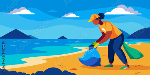 A dedicated volunteer cleaning a beach, collecting trash into a bag, with a scenic coastal view and mountains in the distance.
