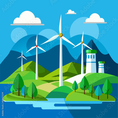 A picturesque wind farm with several wind turbines set against a backdrop of green hills and mountains under a clear blue sky.