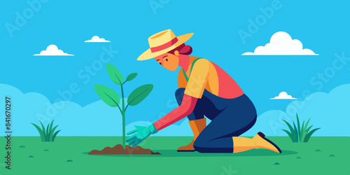 A gardener planting a young tree in the soil, representing efforts in reforestation and environmental conservation.
