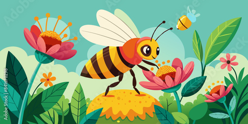 A cute bee collecting nectar from a blooming flower, surrounded by colorful flowers and greenery.