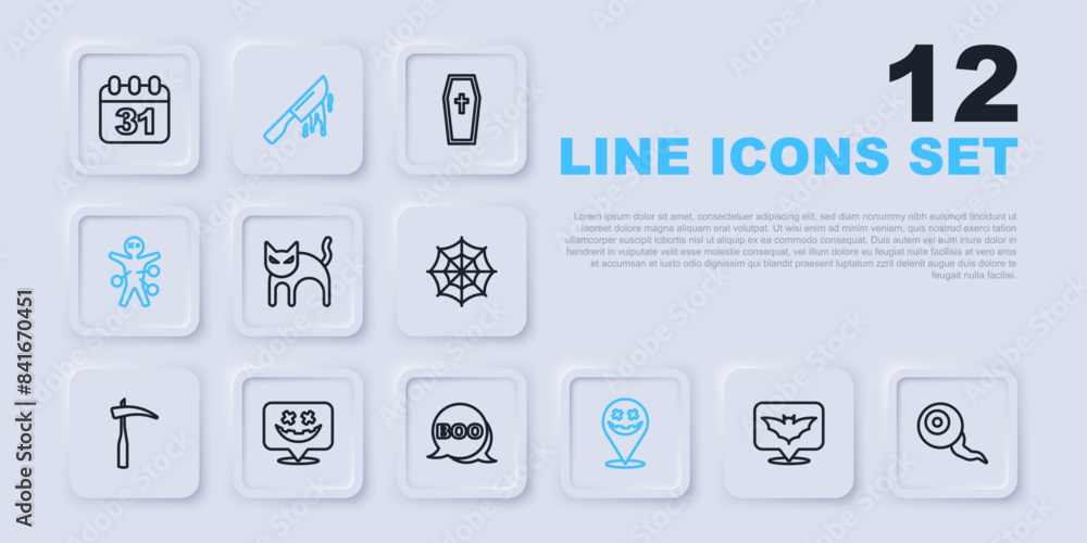Set line Flying bat, Eye, Black cat, Happy Halloween holiday, Voodoo doll, Bloody knife and Boo speech bubble icon. Vector Set line Flying bat, Eye, Black cat, Happy Halloween holiday, Voodoo doll, Bloody knife and Boo speech bubble icon. Vector