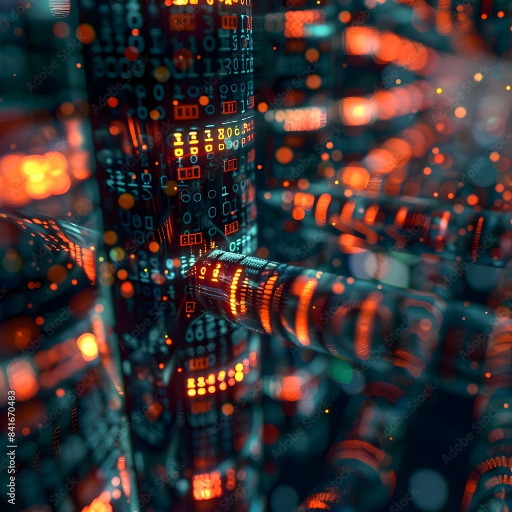 Fototapeta premium Glowing City Landscape with Futuristic Digital Patterns and Data Visualization Concept