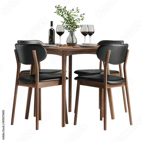 Wooden chairs surround a simple table in a stylishly decorated cafe interior photo