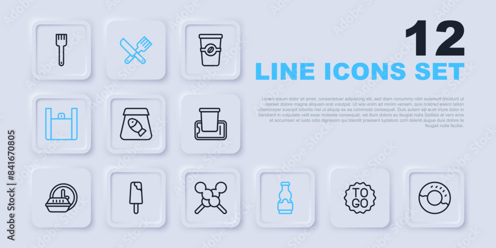 Set line Coffee cup to go, Donut, Online ordering fish, Sauce bottle, food, Ice cream, Crossed knife and fork and Meatballs wooden stick icon. Vector Set line Coffee cup to go, Donut, Online ordering fish, Sauce bottle, food, Ice cream, Crossed knife and fork and Meatballs wooden stick icon. Vector