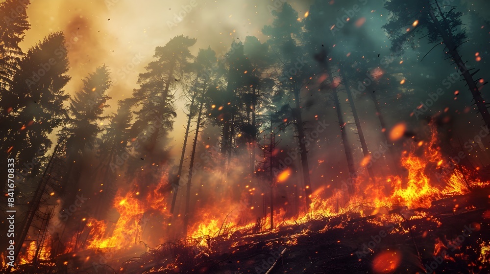Raging Wildfire Engulfing Lush Evergreen Forest in Remote Mountain Landscape Raging Wildfire Engulfing Lush Evergreen Forest in Remote Mountain Landscape