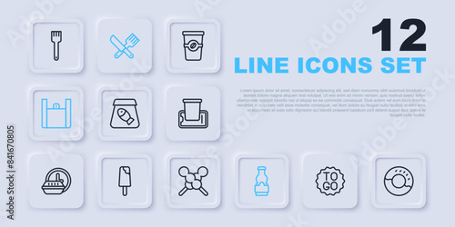 Set line Coffee cup to go, Donut, Online ordering fish, Sauce bottle, food, Ice cream, Crossed knife and fork and Meatballs wooden stick icon. Vector