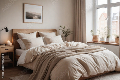 A Scandinavian-style bedroom with light beige tones  wooden accents  a cozy beige duvet  and natural light through windows.