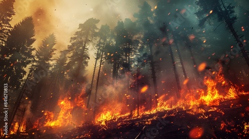 Raging Wildfire Engulfing Lush Evergreen Forest in Remote Mountain Landscape