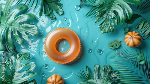 A orange pool float ring is floating on the edge of the swimming pool