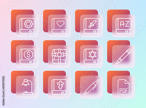 Set line Translator book, Holy bible, Jewish torah, Pen, Book as gift, about weapon, User manual and Romance icon. Vector