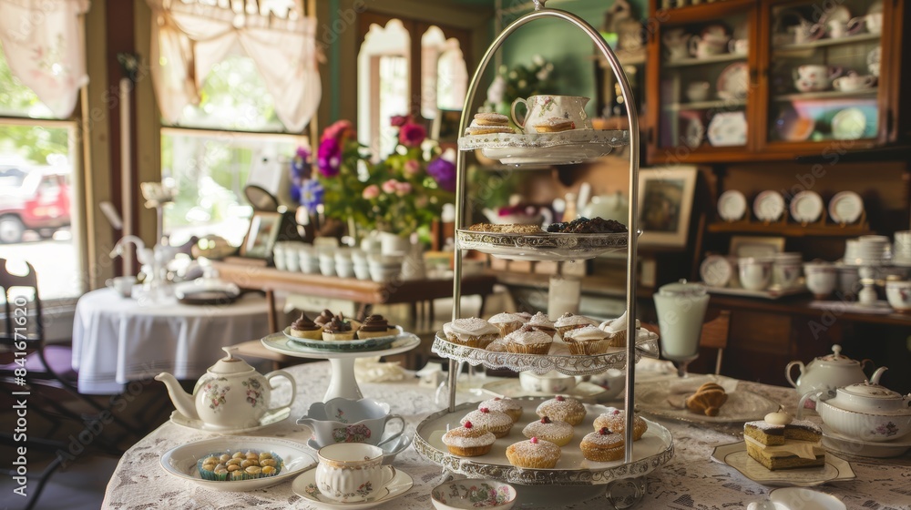 Elegant Vintage Tea Parlor with Assorted Pastries and Delicate China Tableware for Afternoon Tea