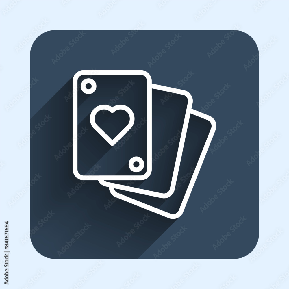 White line Playing cards icon isolated with long shadow background. Casino gambling. Blue square button. Vector White line Playing cards icon isolated with long shadow background. Casino gambling. Blue square button. Vector
