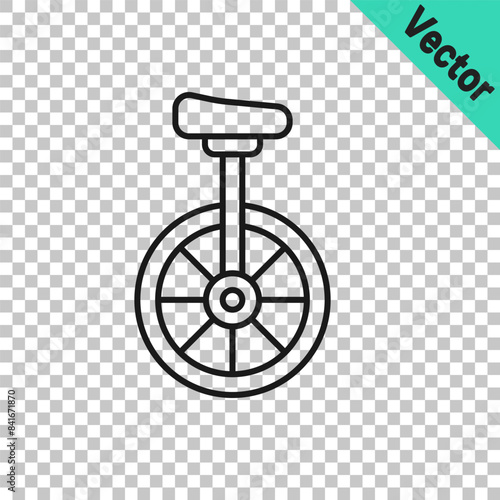 Black line Unicycle or one wheel bicycle icon isolated on transparent background. Monowheel bicycle. Vector