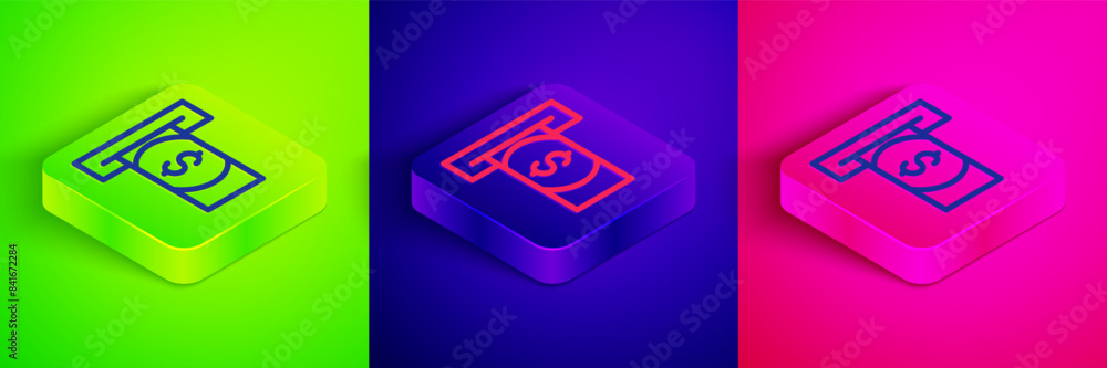 Isometric line ATM - Automated teller machine and money icon isolated on green, blue and pink background. Square button. Vector Isometric line ATM - Automated teller machine and money icon isolated on green, blue and pink background. Square button. Vector