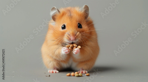 A tiny dwarf hamster holding seeds on a flat, light gray background. photo