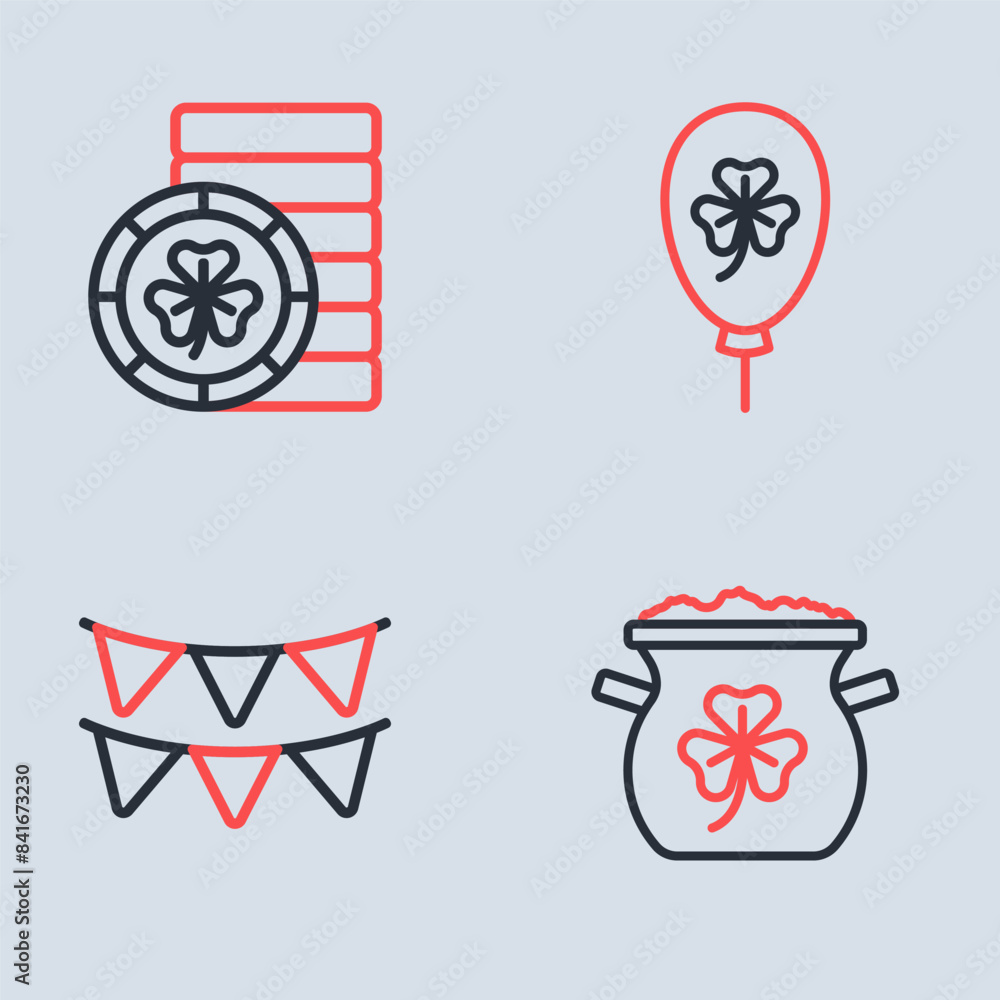 Set line Balloon with clover trefoil leaf, Carnival garland flags, Pot of gold coins and Golden leprechaun icon. Vector Set line Balloon with clover trefoil leaf, Carnival garland flags, Pot of gold coins and Golden leprechaun icon. Vector