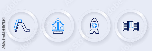 Set line Swedish wall, Rocket ship toy, Attraction carousel and Slide playground icon. Vector