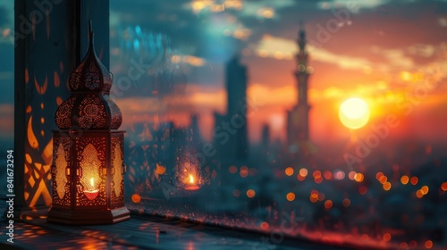 Ramadan Kareem  Abstract Defocused Lights of Arabic Lanterns and Moonlit Window during Muslim Holy Month Eid ul Fitr at Sunset