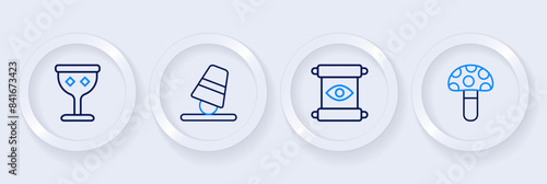 Set line Psilocybin mushroom, Magic scroll, Game thimbles and Medieval goblet icon. Vector