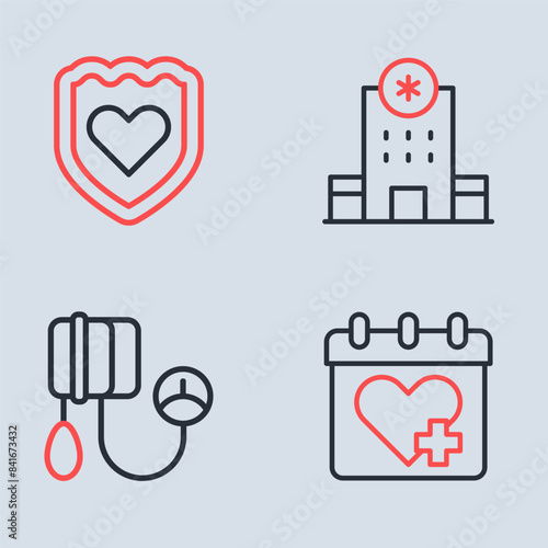 Set line Hospital building, Blood pressure, Doctor appointment and Immune system icon. Vector