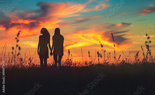 Sunset silhouette of two young female friends enjoying golden hour in a field.