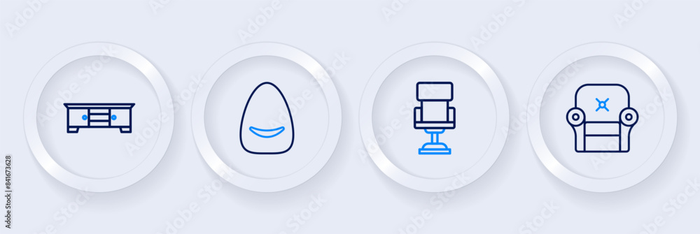 Set line Armchair, Office, Pouf and TV table stand icon. Vector Set line Armchair, Office, Pouf and TV table stand icon. Vector